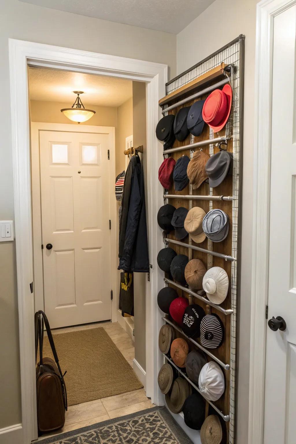 Rear-of-entry hat storage solution.