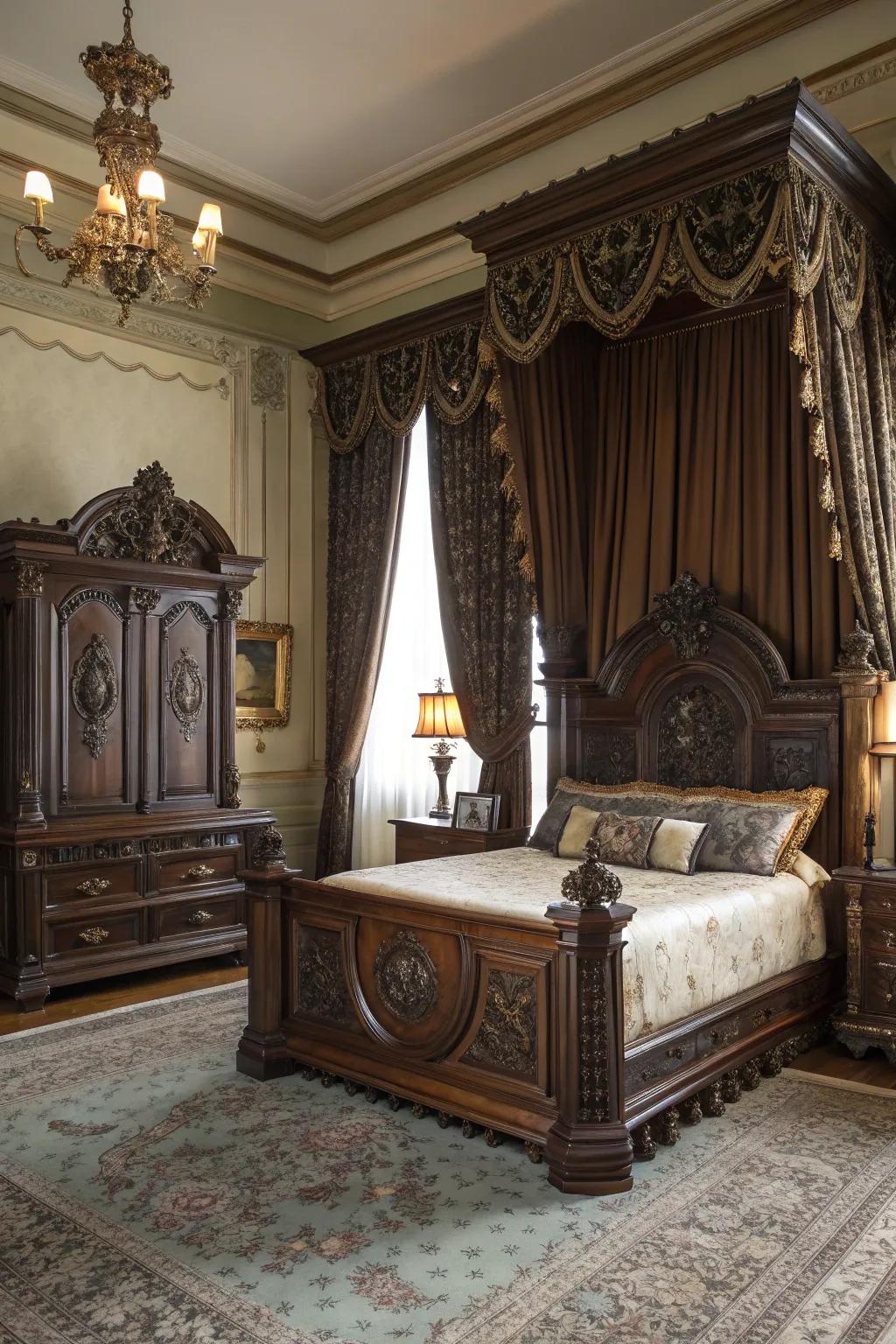 Elaborate furnishings contribute grandeur and enigma.