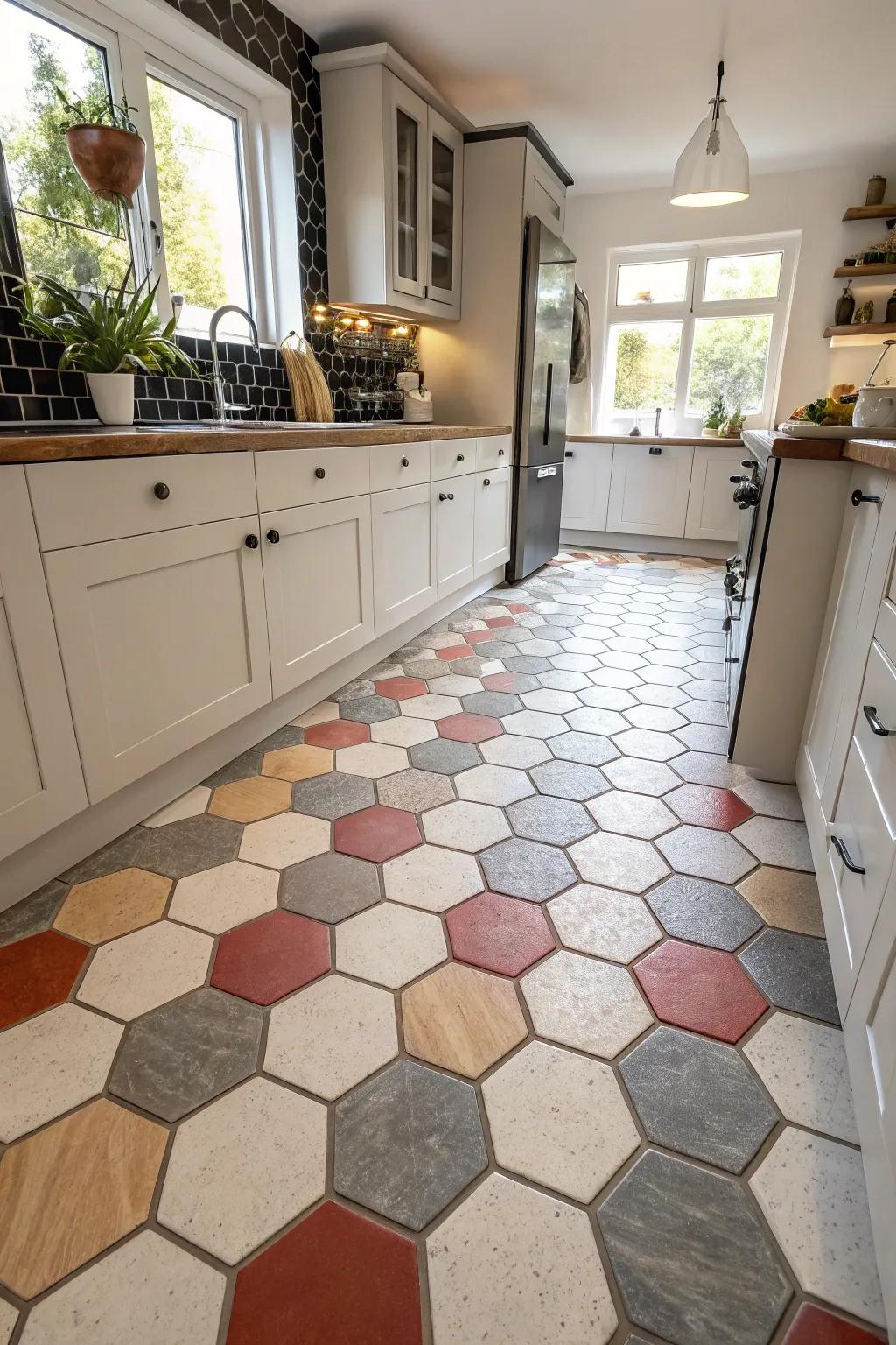 Hexagon tessellated flooring can emerge as the defining aspect of your kitchen.