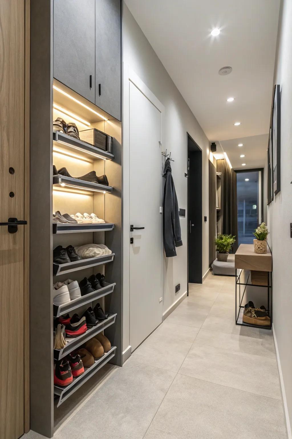 Optimize space with wall-mounted shoe storage solutions.