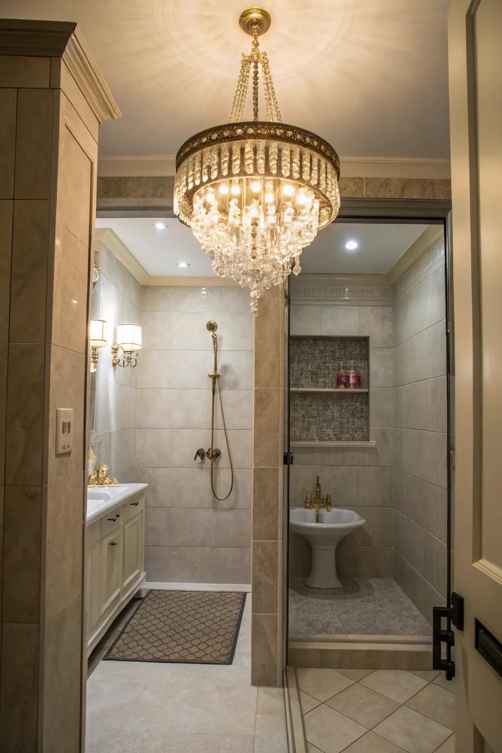 A chandelier appends a deluxe hint to the concealed shower.