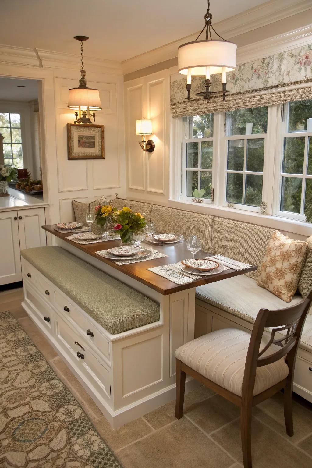 Cozy dining with banquette seating and hidden storage