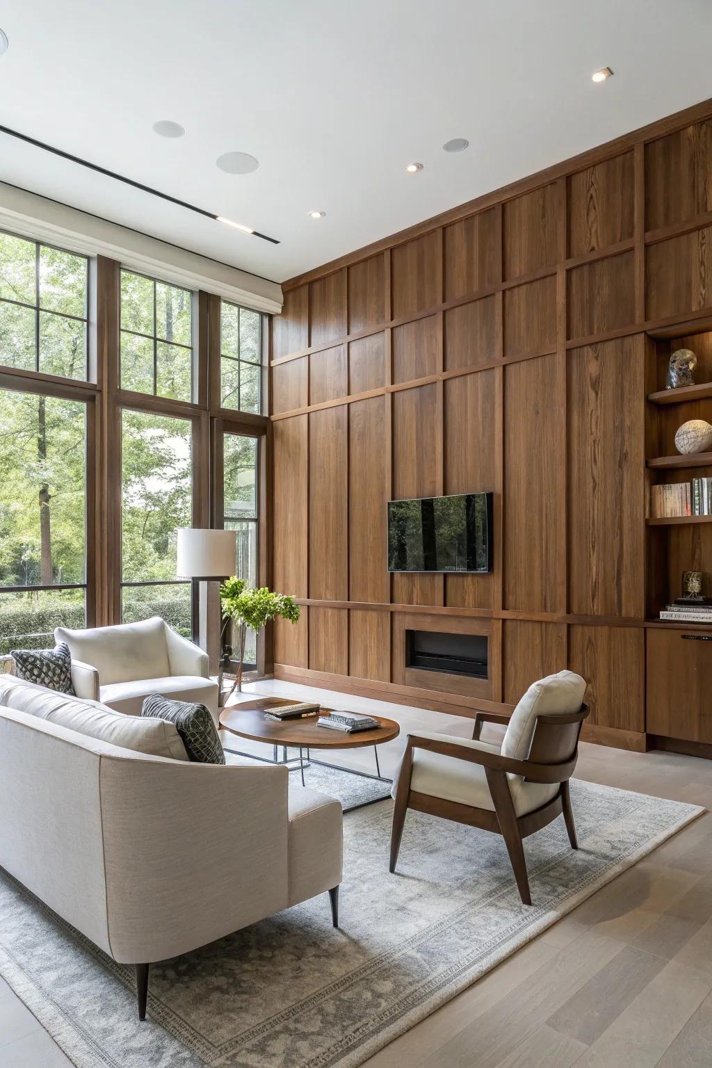 Inventive decorative wood paneling cleverly conceals a furnace and water heater.