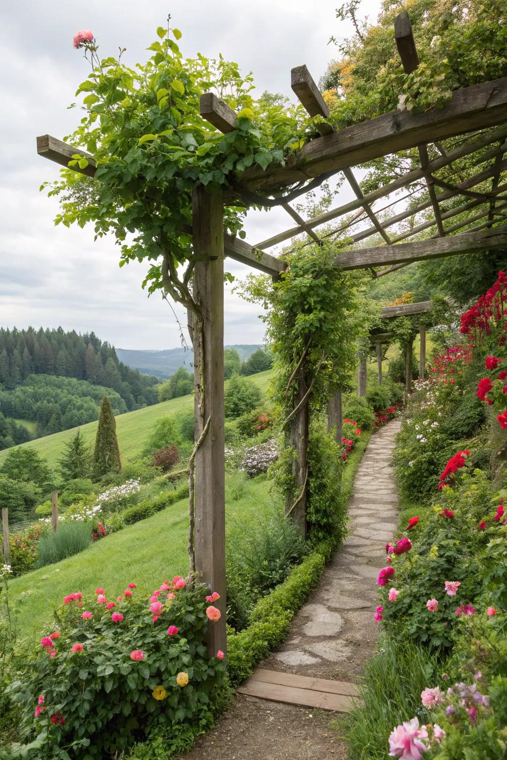 Hillside gardens gain visual appeal and height from vertical elements like trellises.