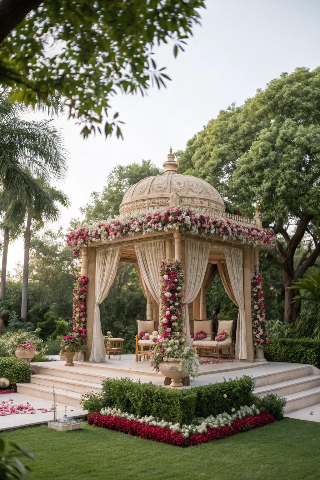 A serene garden scene elegantly framing the mandap.