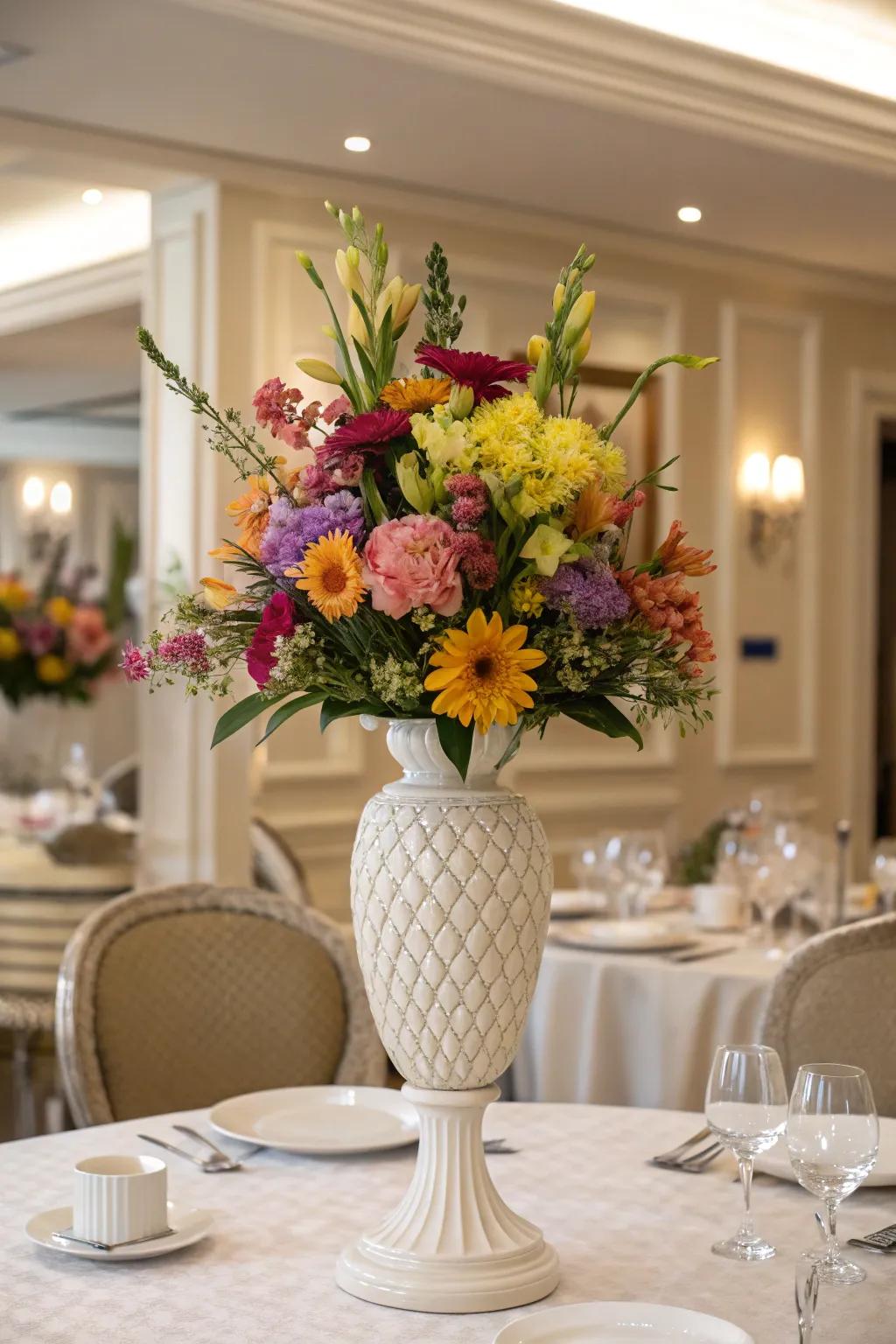 A chic flower holder displaying vibrant flowers, adding a burst of color to the dining area.