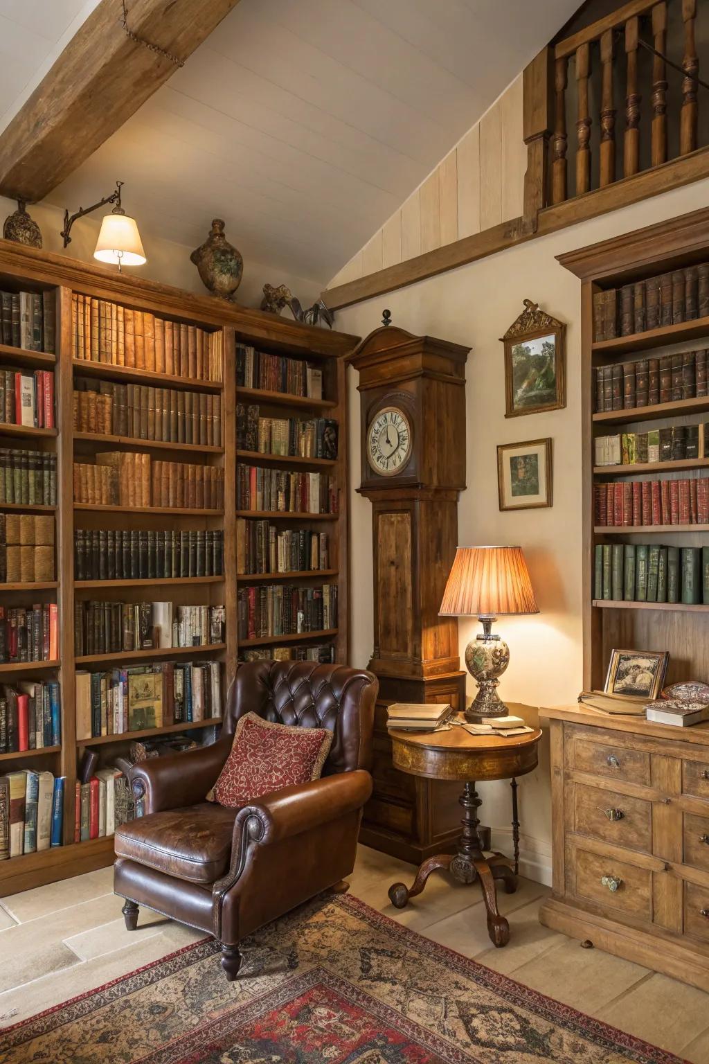 Vintage touches bring a unique character to modern libraries.