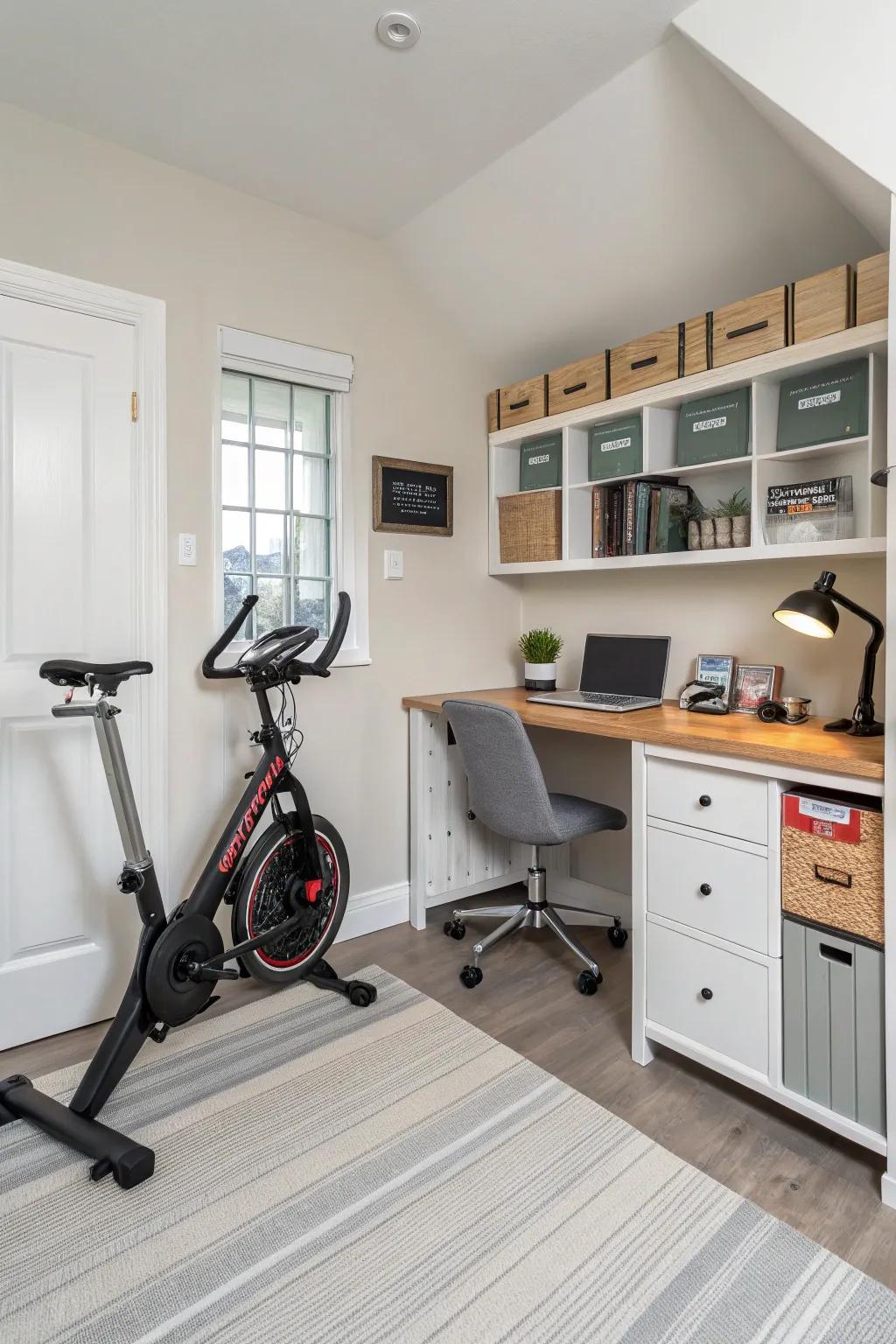 Compact equipment optimizes spatial efficiency in your integrated workspace and gym.
