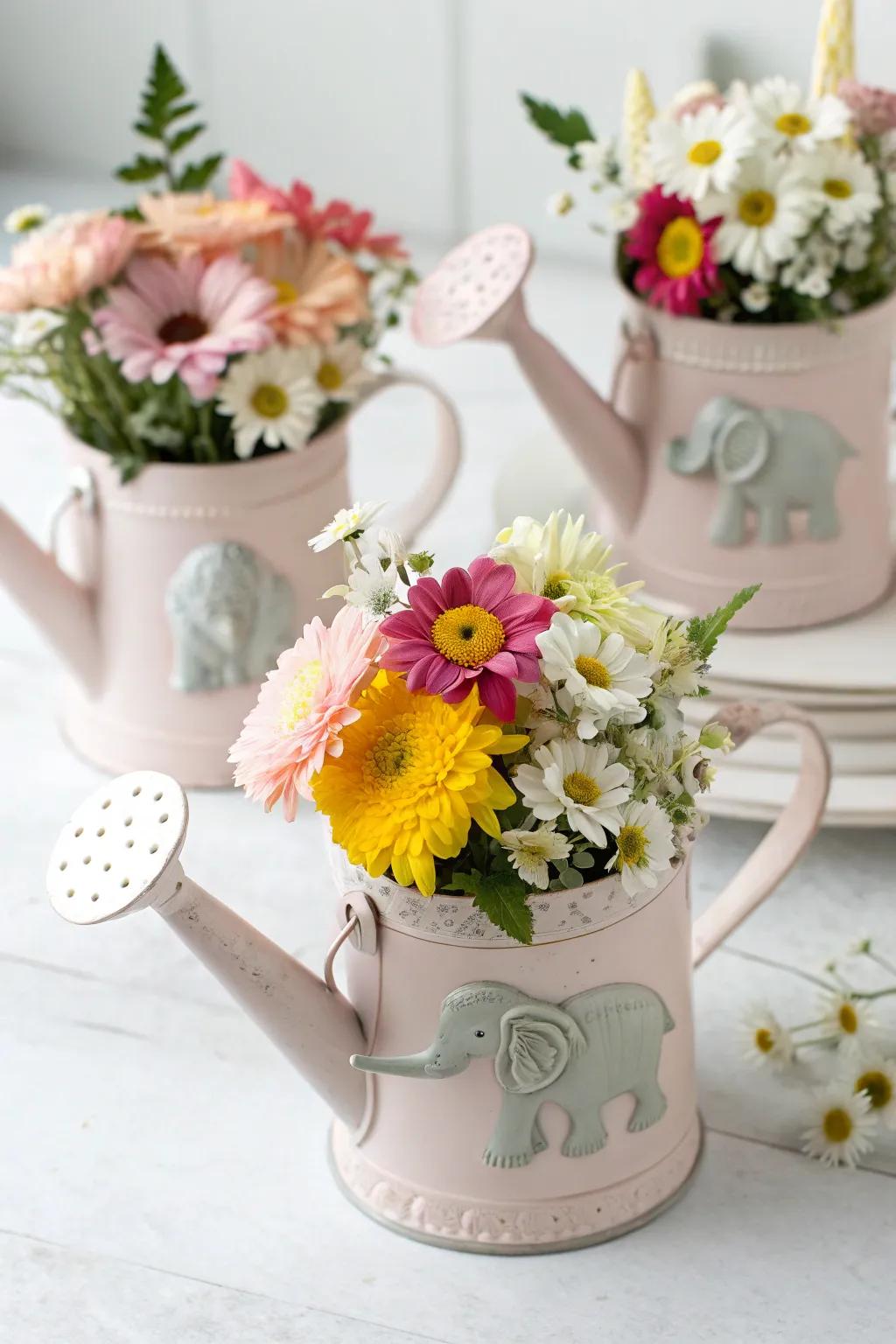 Miniature watering vessel centerpieces enhanced with elephant touches.