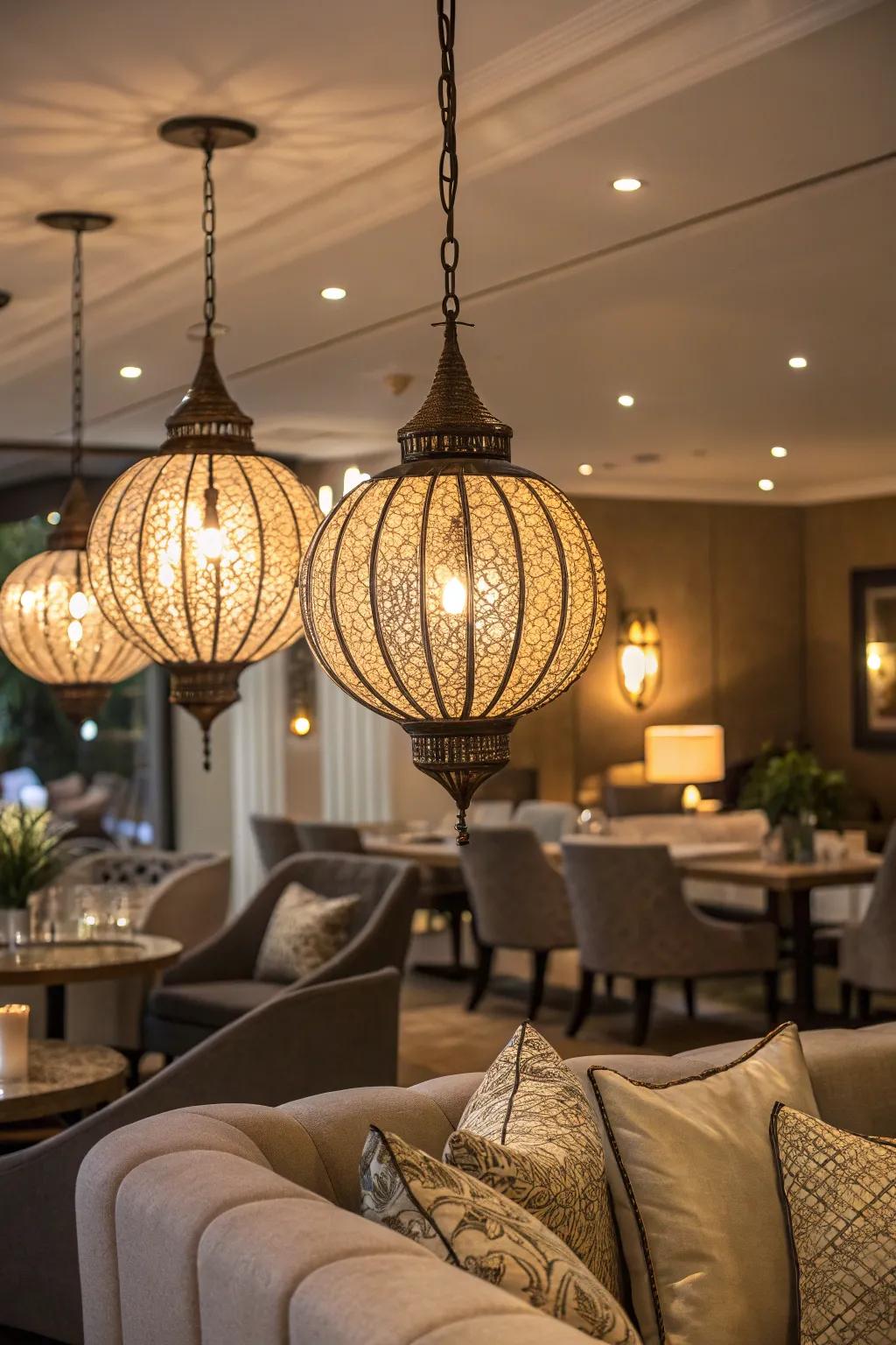 Room illuminated by sophisticated and stylish lighting fixtures.