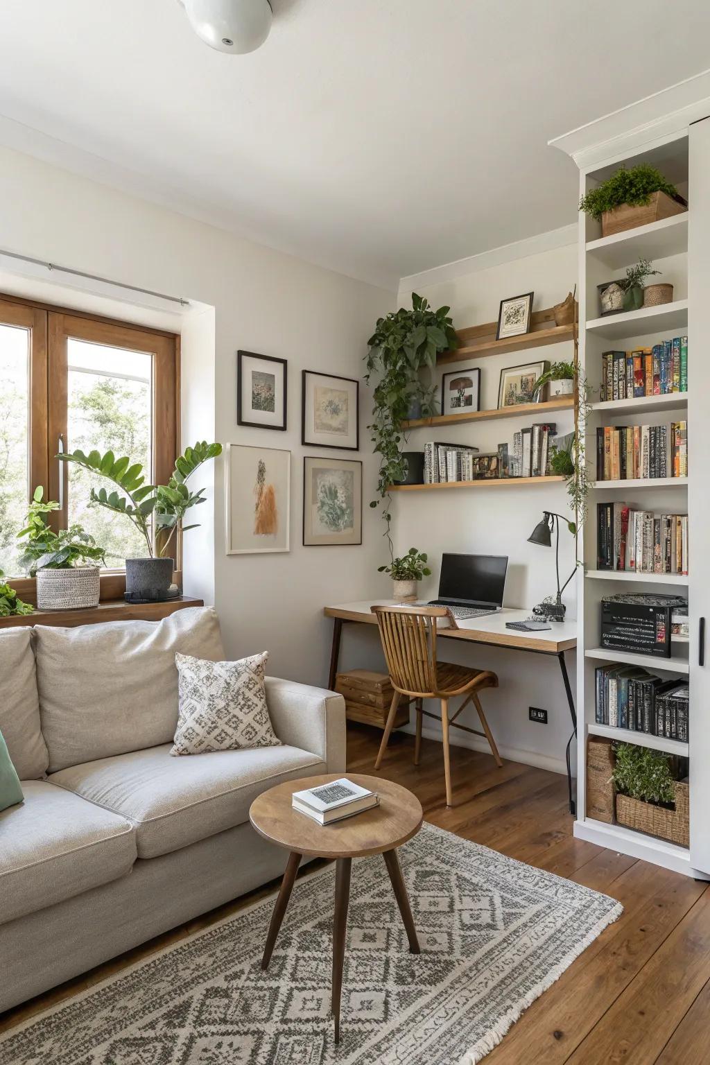 An intelligently designed, multi-functional space integrating a home office nook.