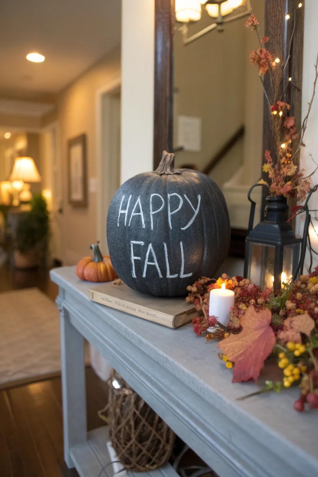 A chalkboard pumpkin perfect for including individualized messages in your living space.