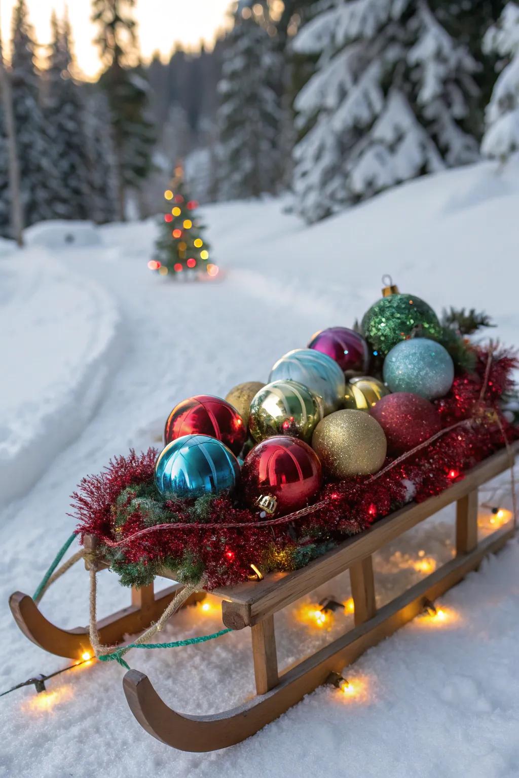A toboggan shimmering with jubilant holiday baubles