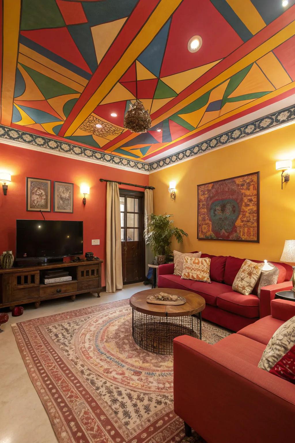 A vibrant living area with a daring, vividly pigmented overhead plane.