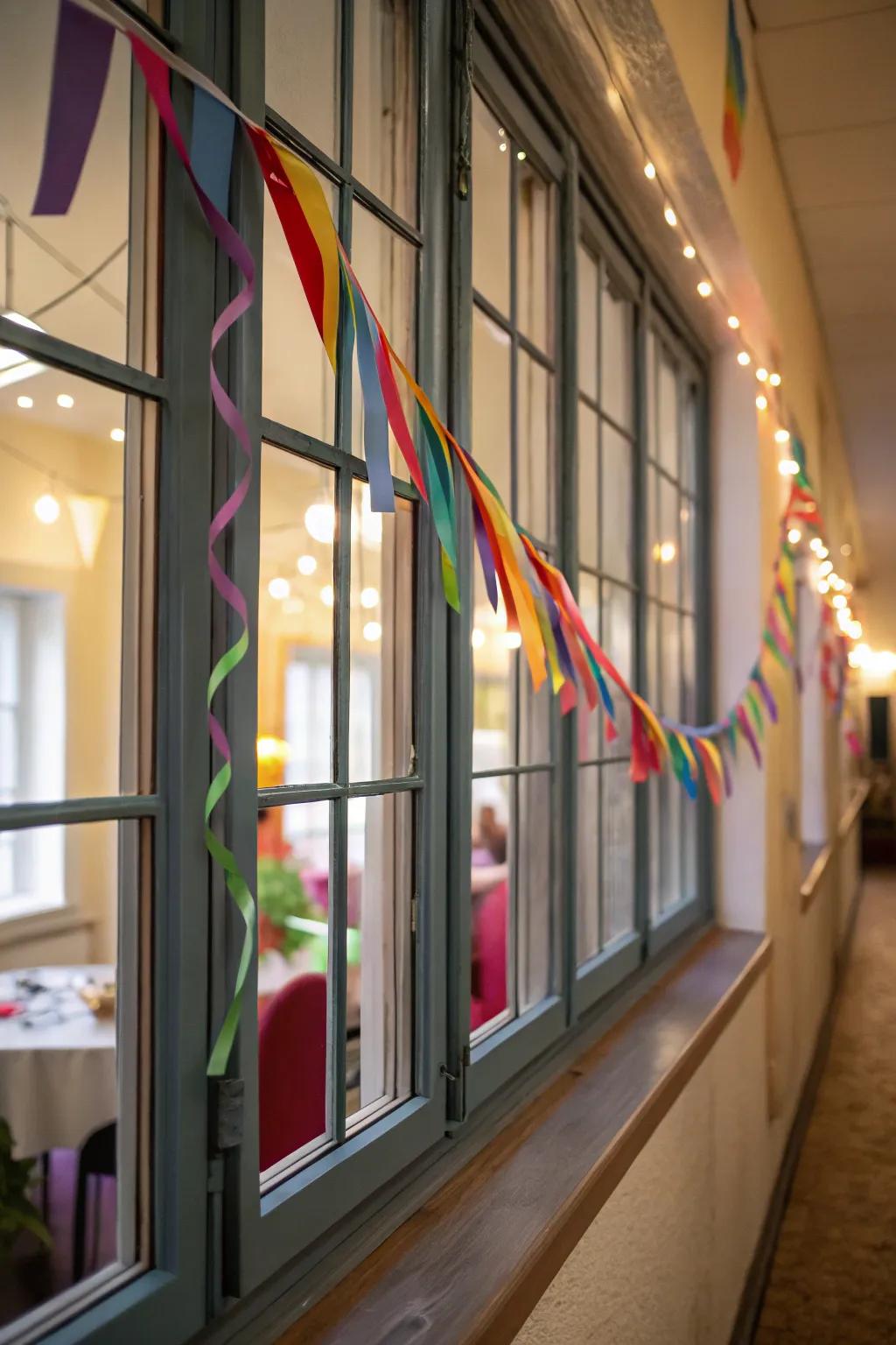 Highlight windows with a multicolored paper decoration garland.