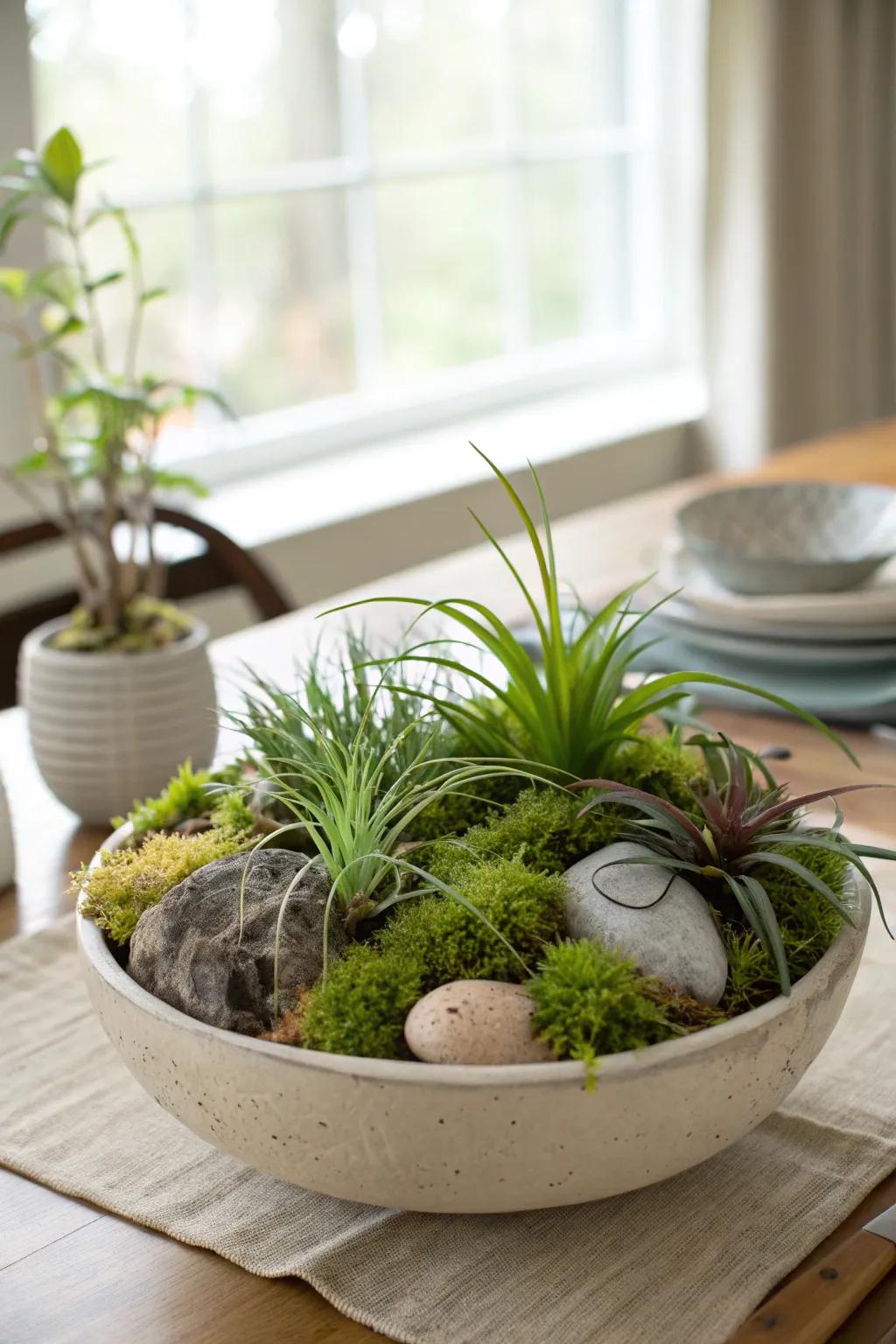 A ceramic bowl featuring air plants as an eye-catching centerpiece.