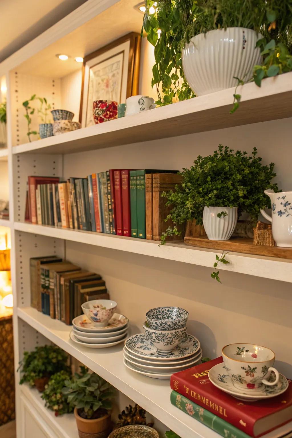 An eclectic assortment of china, books, and plants on open shelves for a vibrant exhibition.