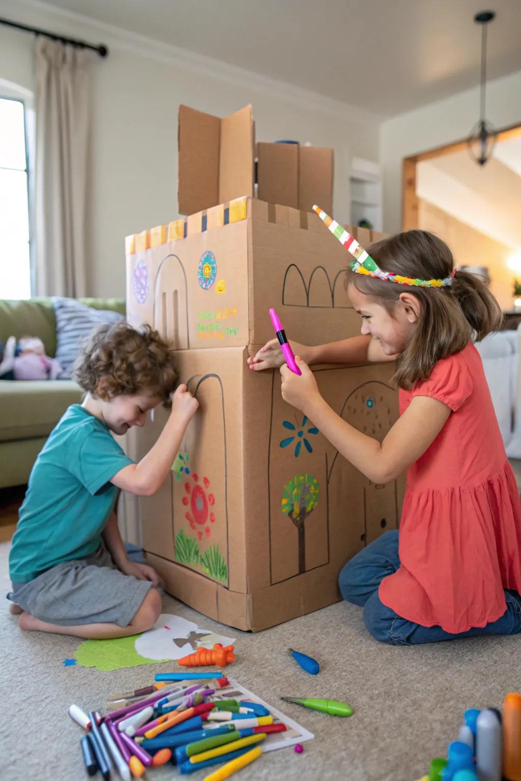 A cardboard box castle is a blank canvas for imaginative play.