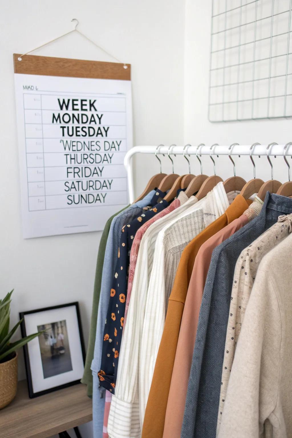 Weekly outfit planner simplifies morning routines.