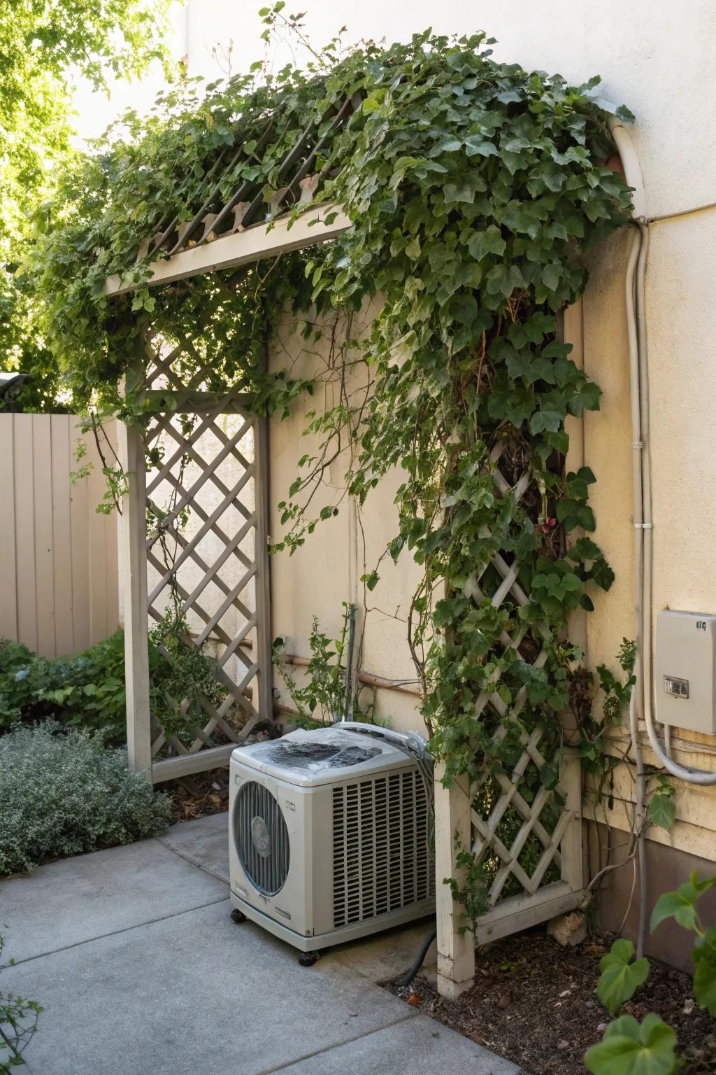 An ornamental trellis, adorned with climbing plants, offers shade and aesthetic enrichment.