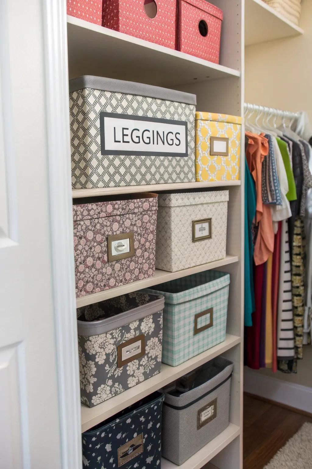 Employ bins and boxes to categorize and store leggings with an eye for style.