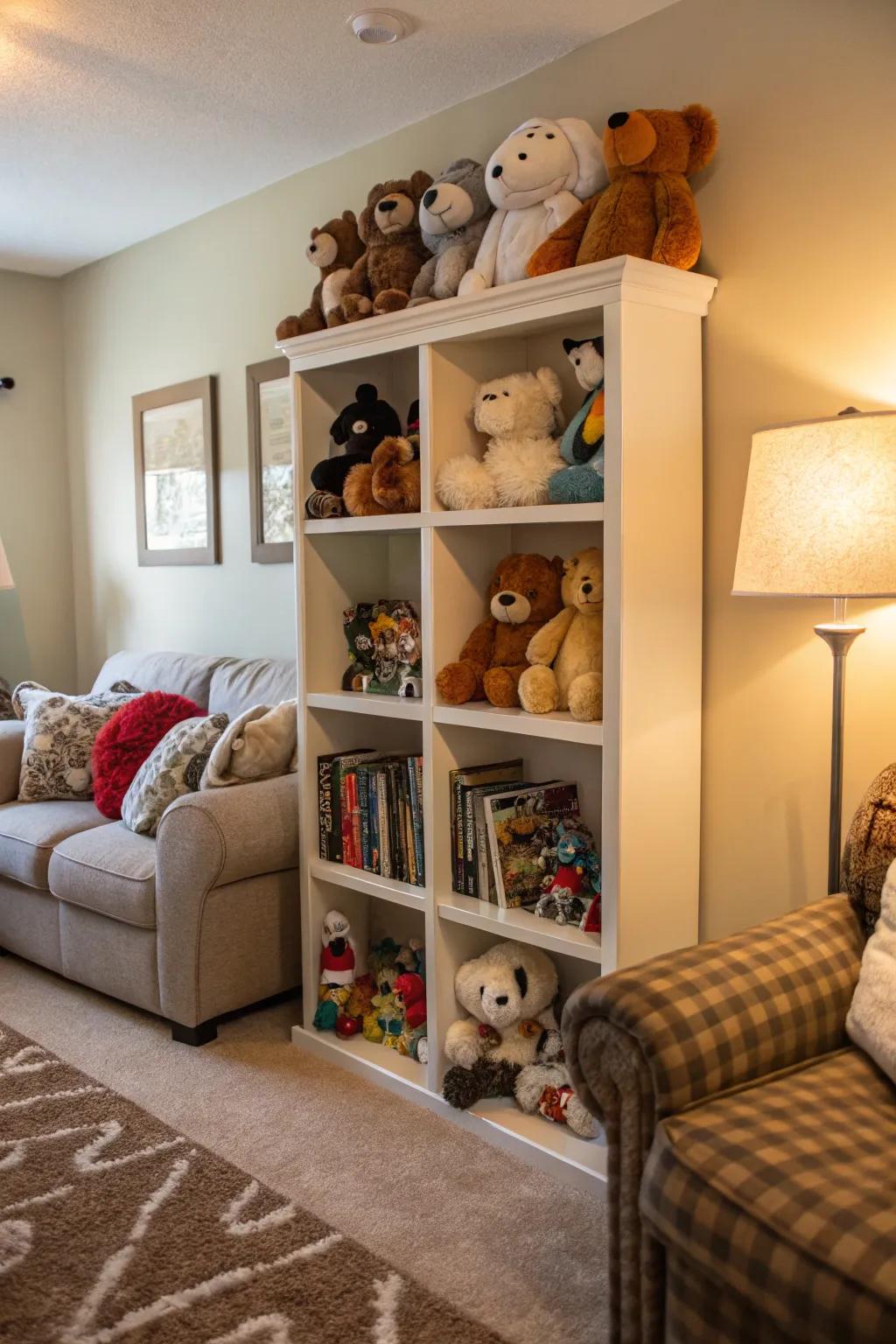 A bookcase turns stuffed animals into an attractive display.