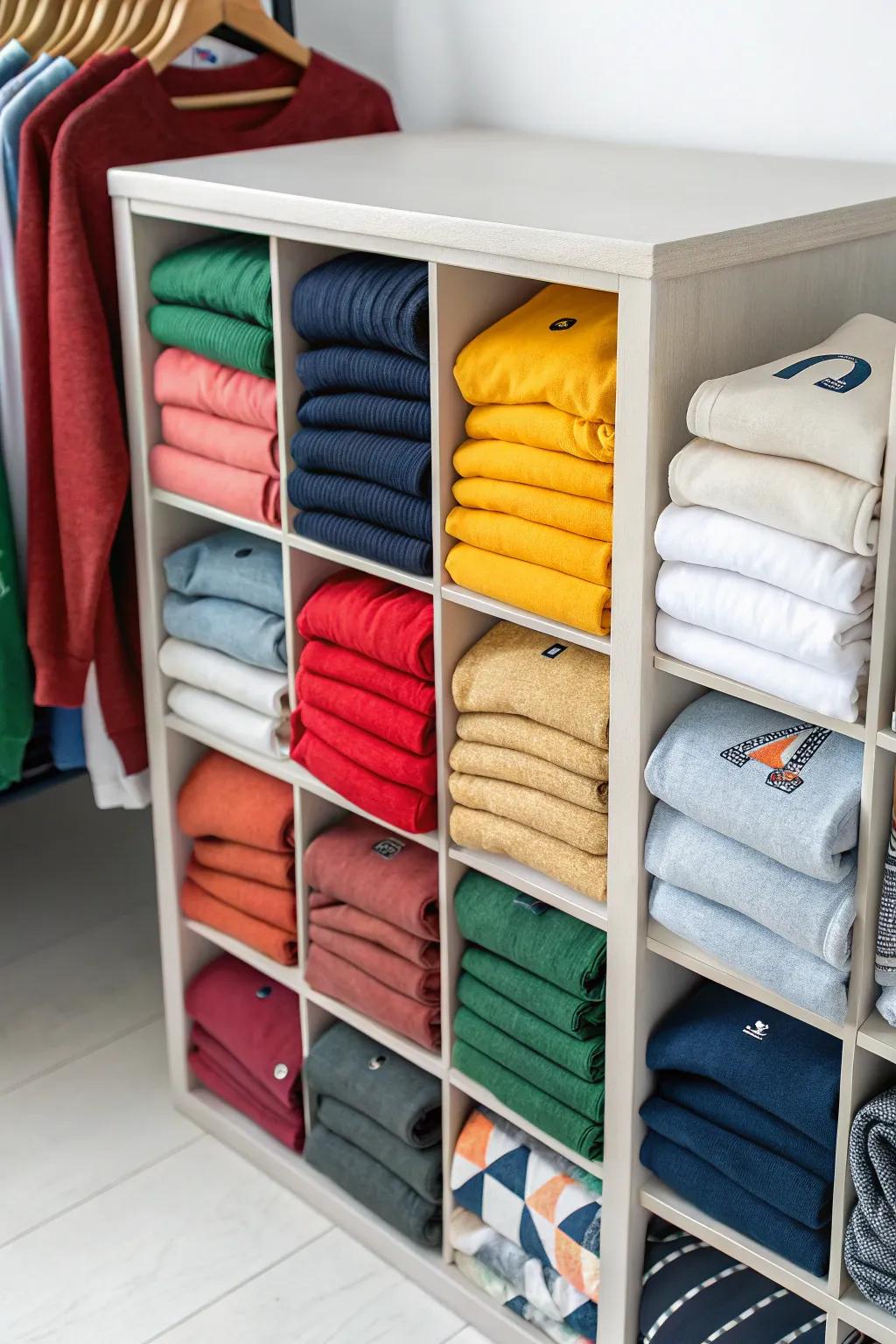 Cube storage provides a stylish and organized method for displaying sweatshirts.