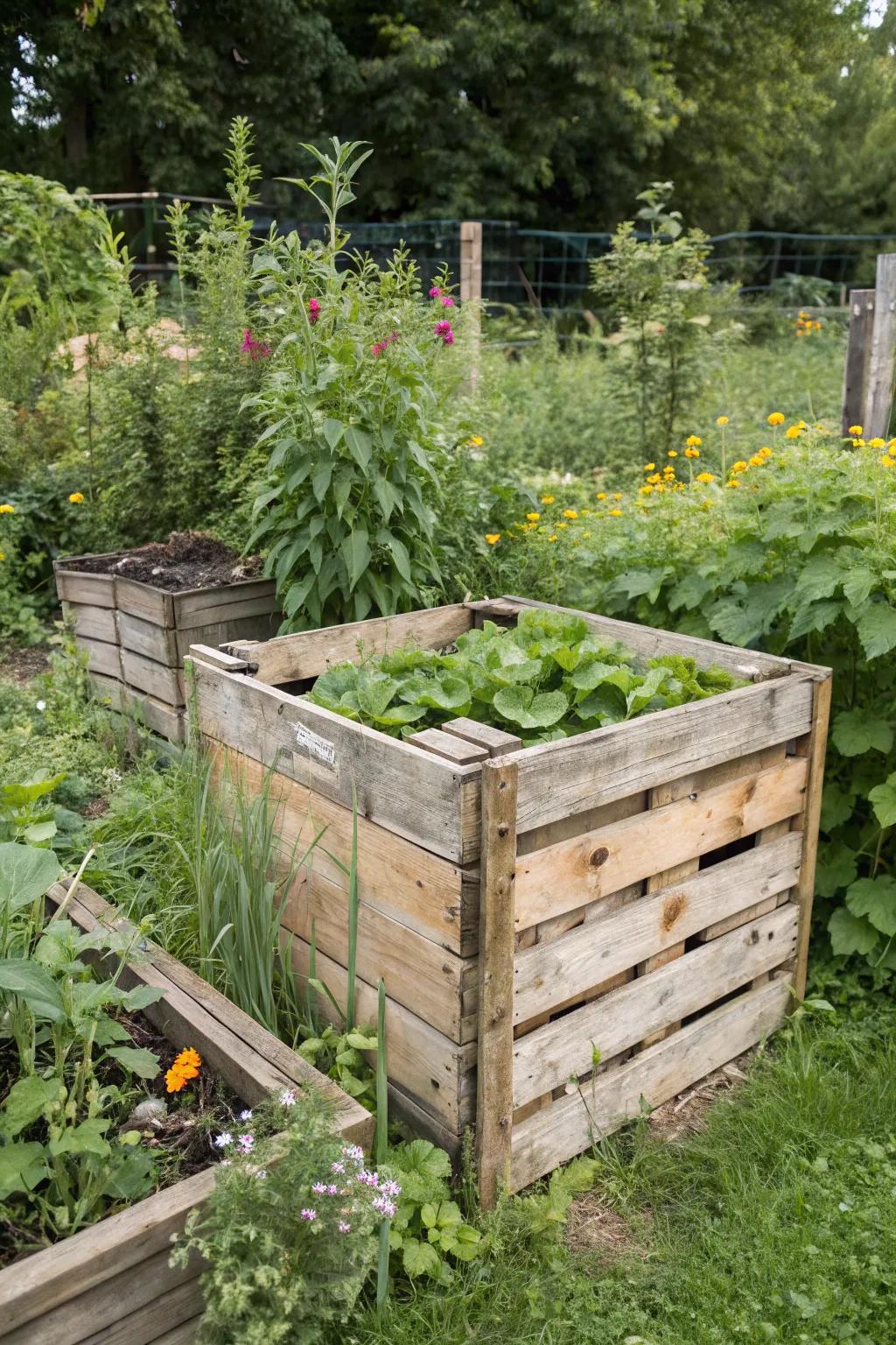 A countryside do-it-yourself compost container made from repurposed skids, fitting effortlessly into the garden's scenery.