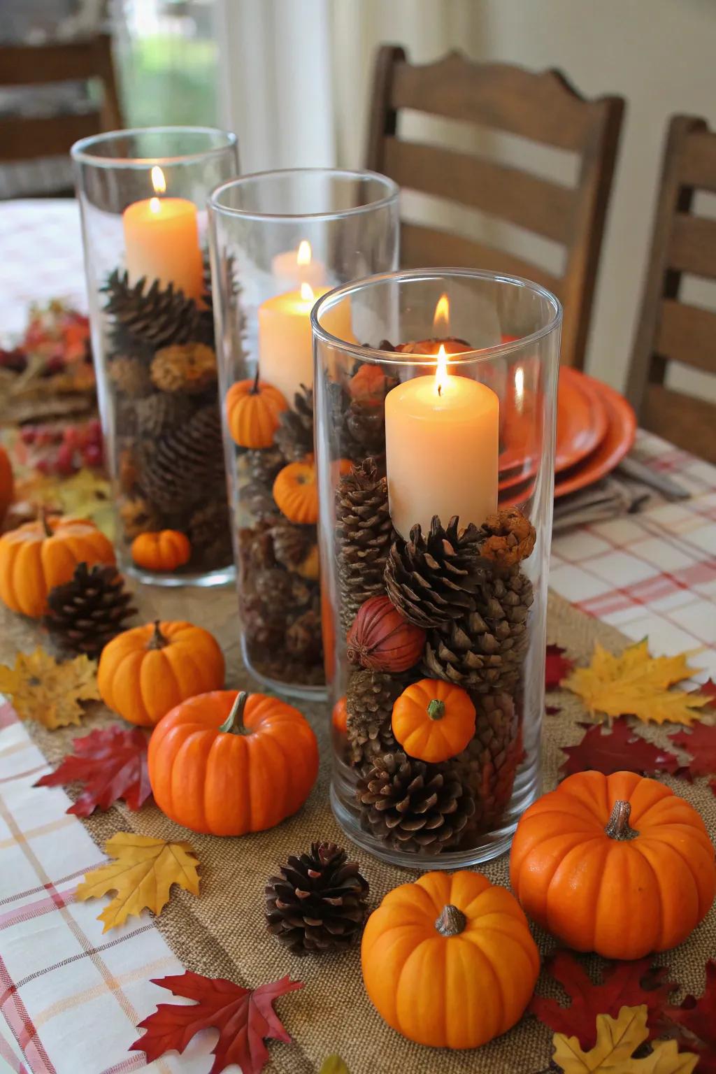 Seasonal components such as pine cones and pumpkins within hurricane vases produce a festive impression.