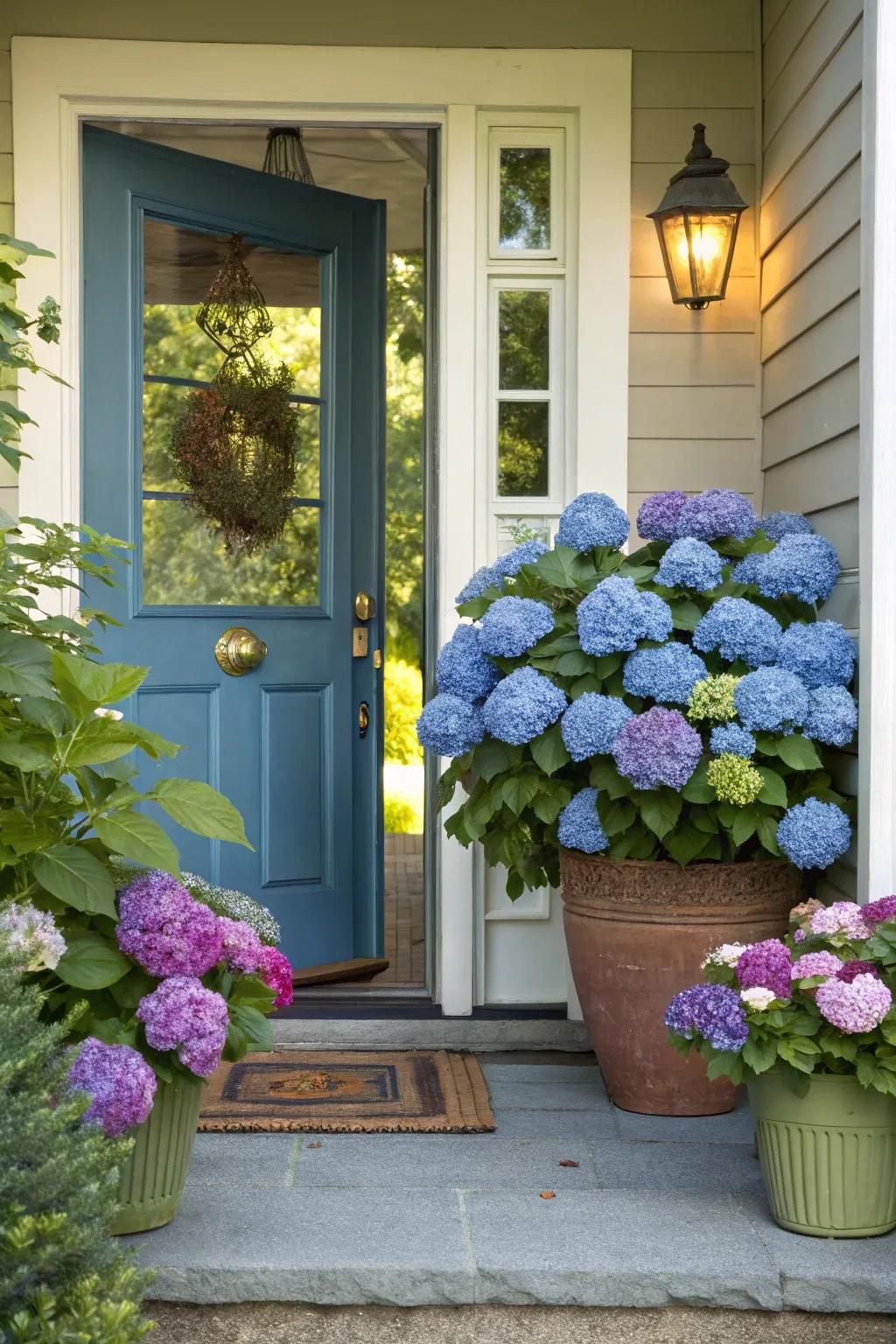 Potted hydrangeas flanking a front door, establishing a welcoming entrance.