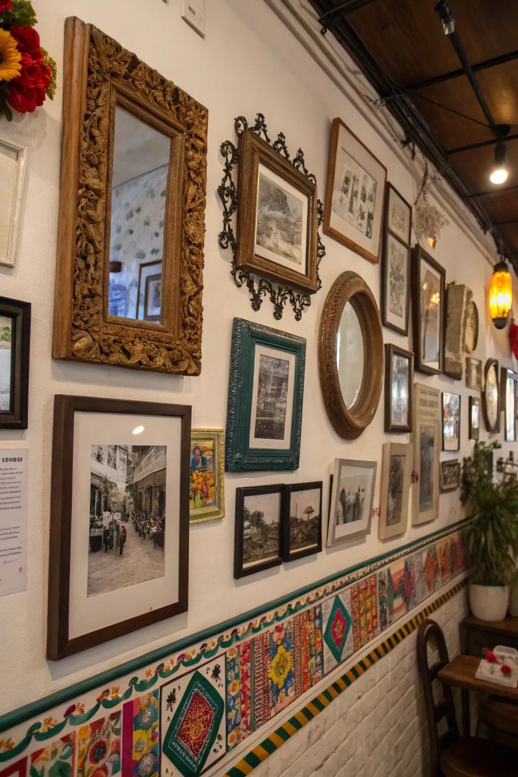 Mixed media arrangements emanate an eclectic charm.