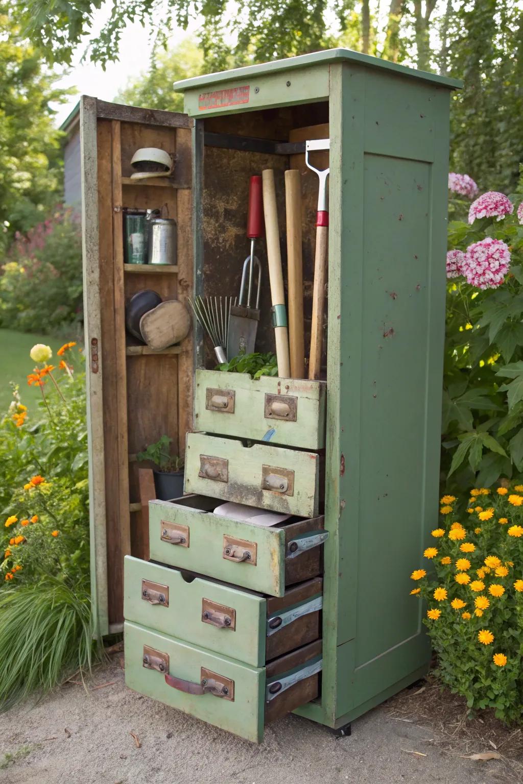 Old furnishings tracks down new use as pragmatic gardening equipment storage.