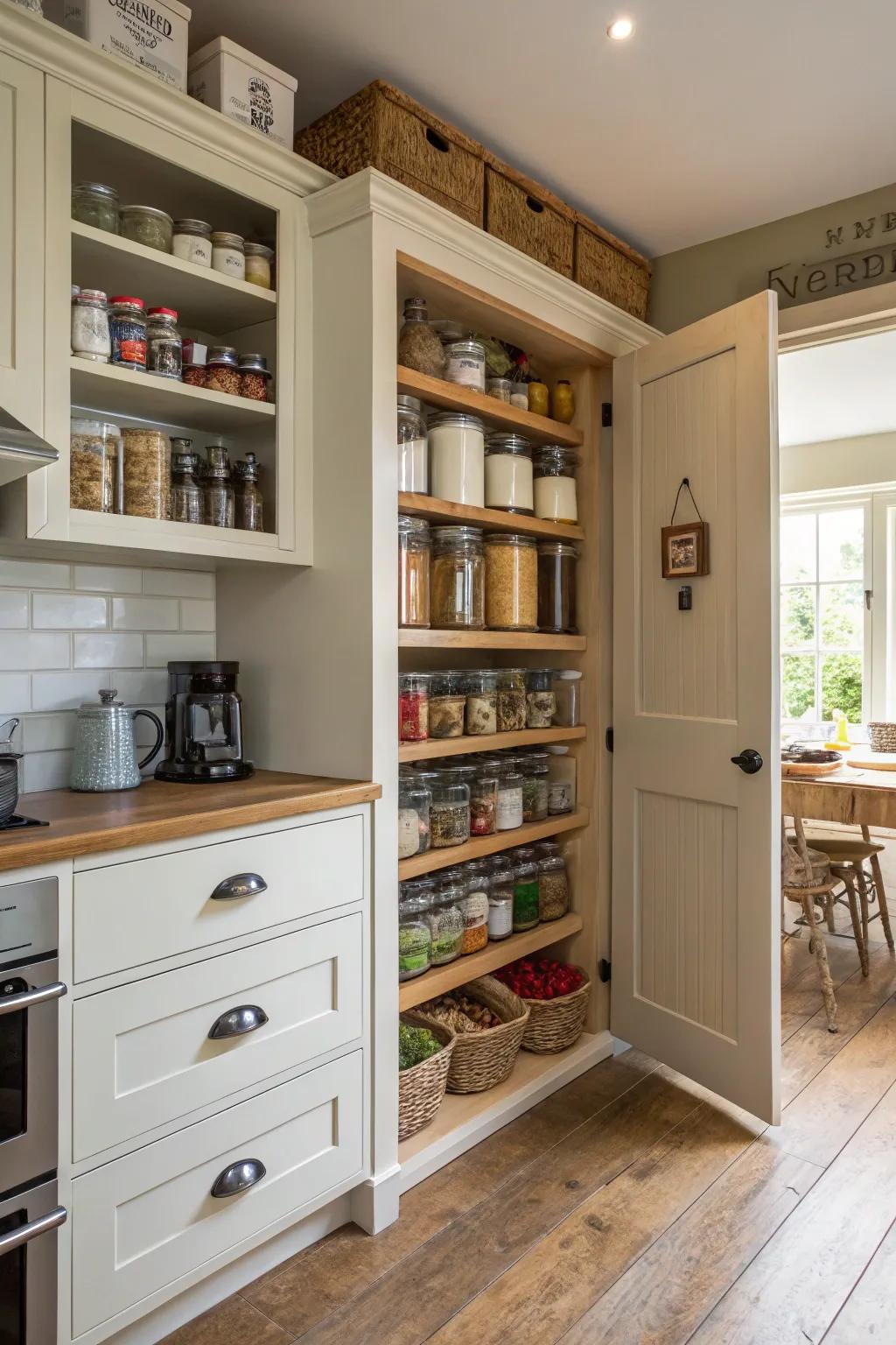 In-wall pantry shelves guarantee the orderly arrangement of your kitchen essentials.