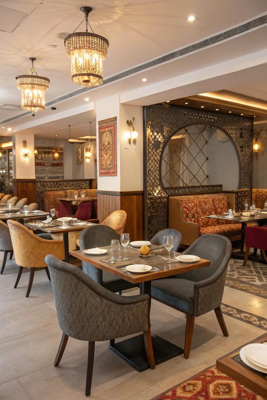 A combination of modern and traditional furniture styles enhances an Indian restaurant.