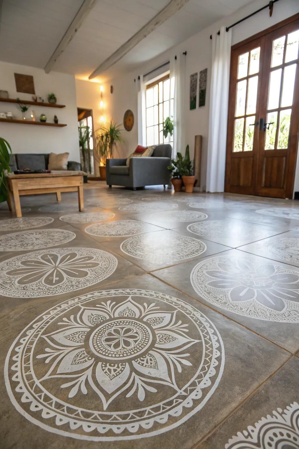 Delicate stenciled patterns on a concrete floor infuse character and detail into this living space.