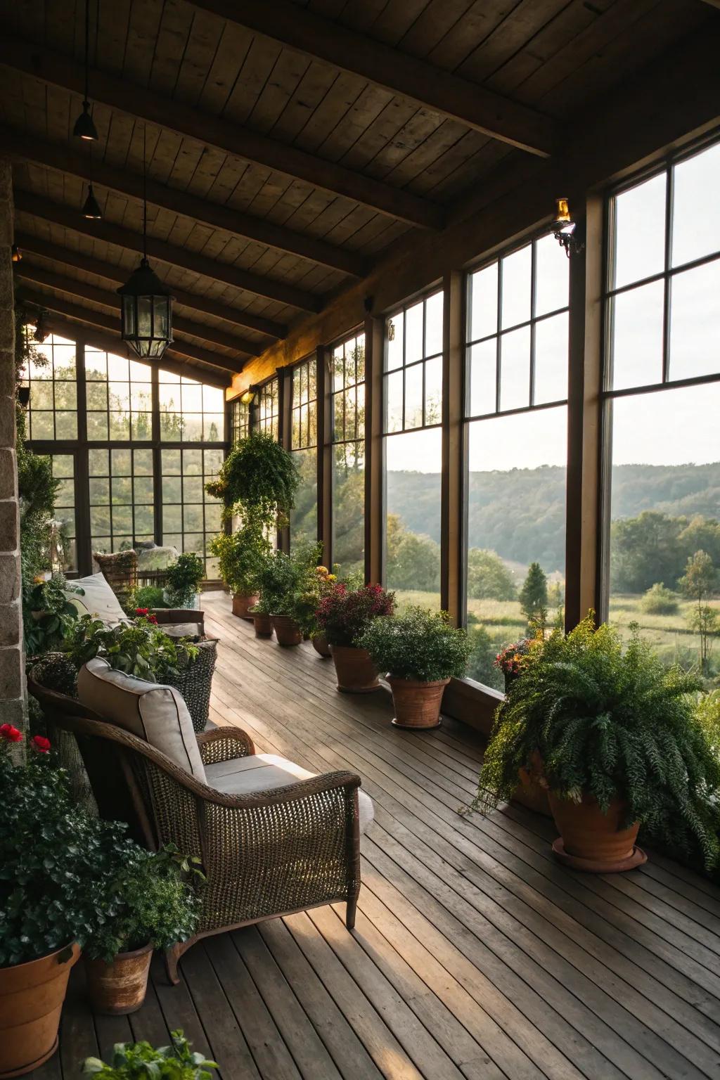 Abundant natural light fills this indoor deck through expansive windows.