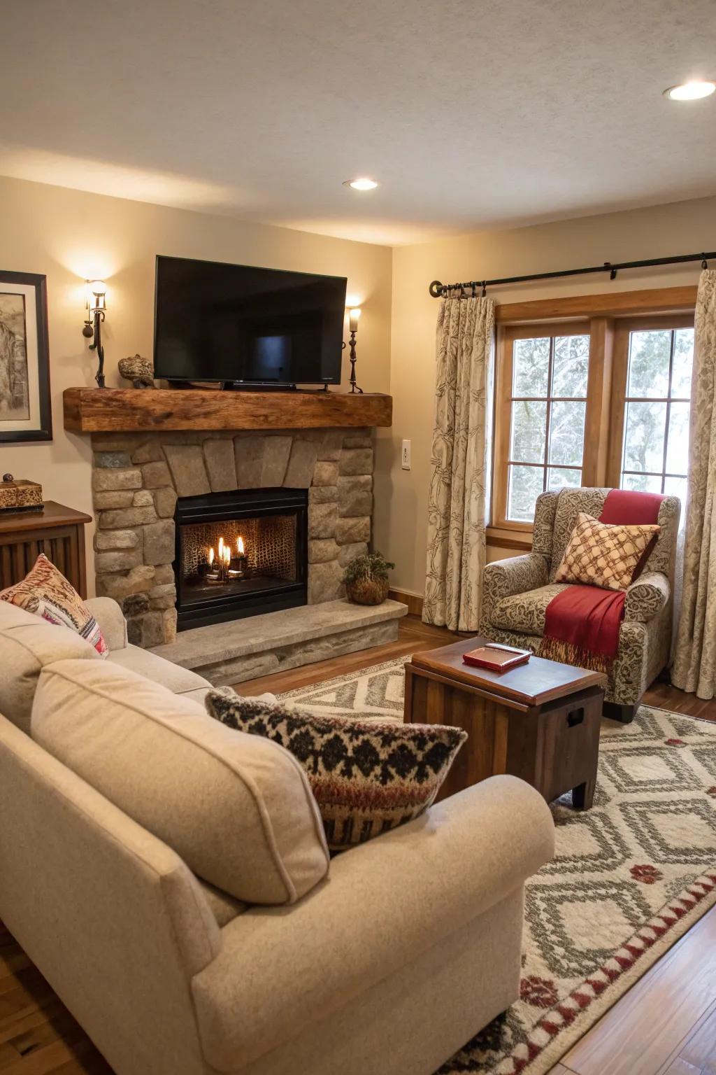 An inviting living area showcasing a fireplace and television, ideal for immersive movie sessions.
