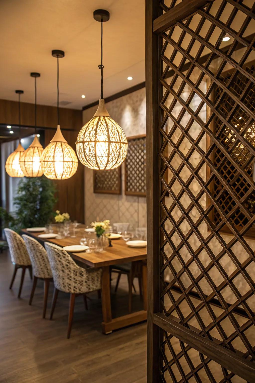 Unique illumination architecture showcasing lattice wall integration.