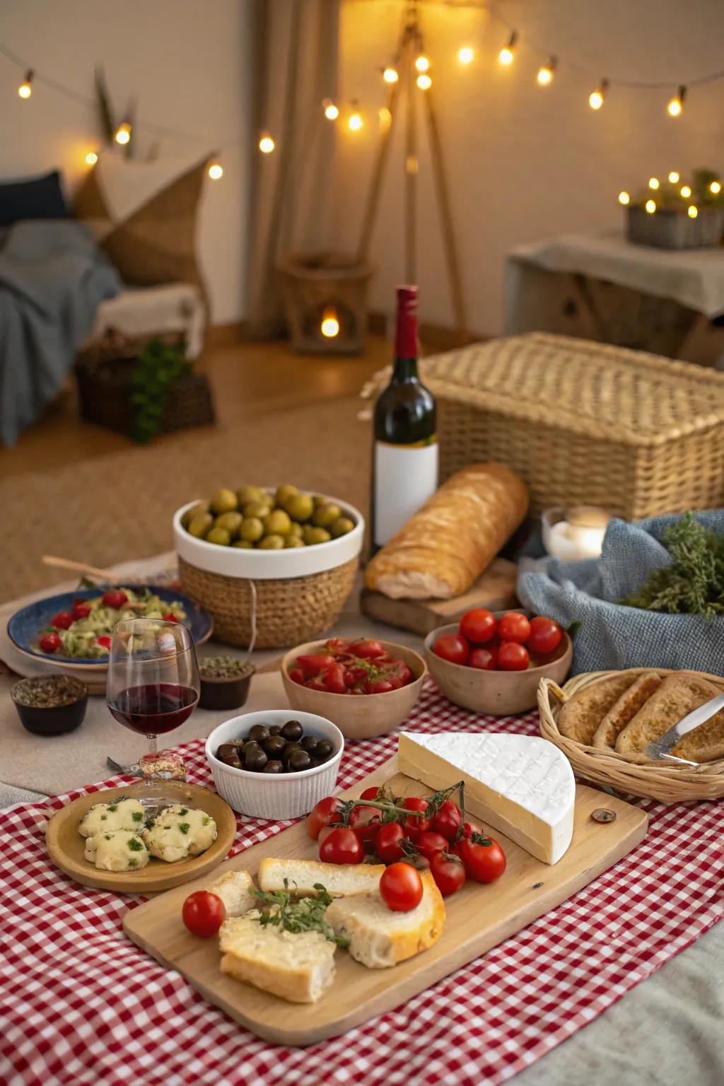 A Mediterranean-themed picnic using a selection of dishes and vino.