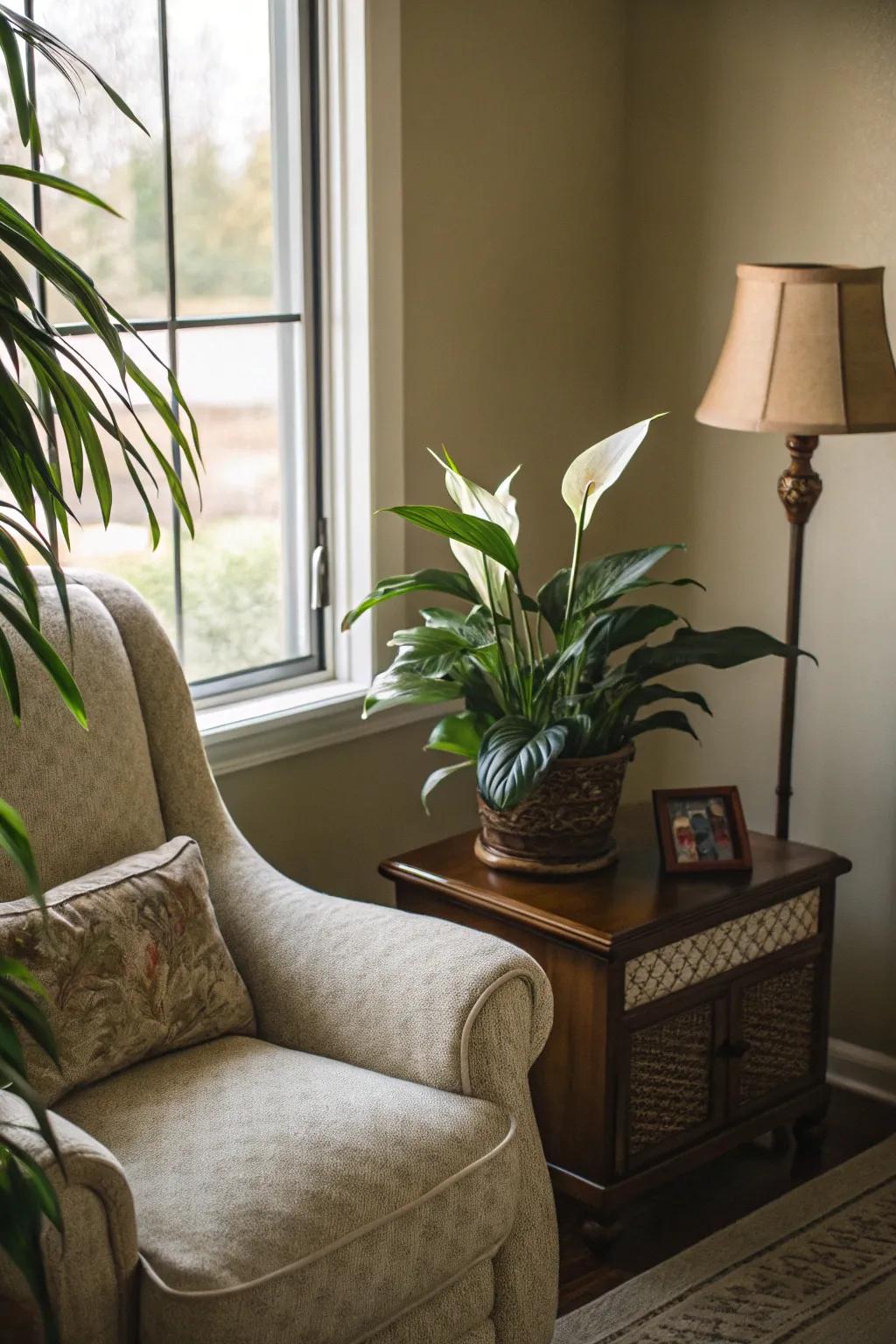 Cultivate a peaceful retreat with a tranquility lily in a cozy corner.