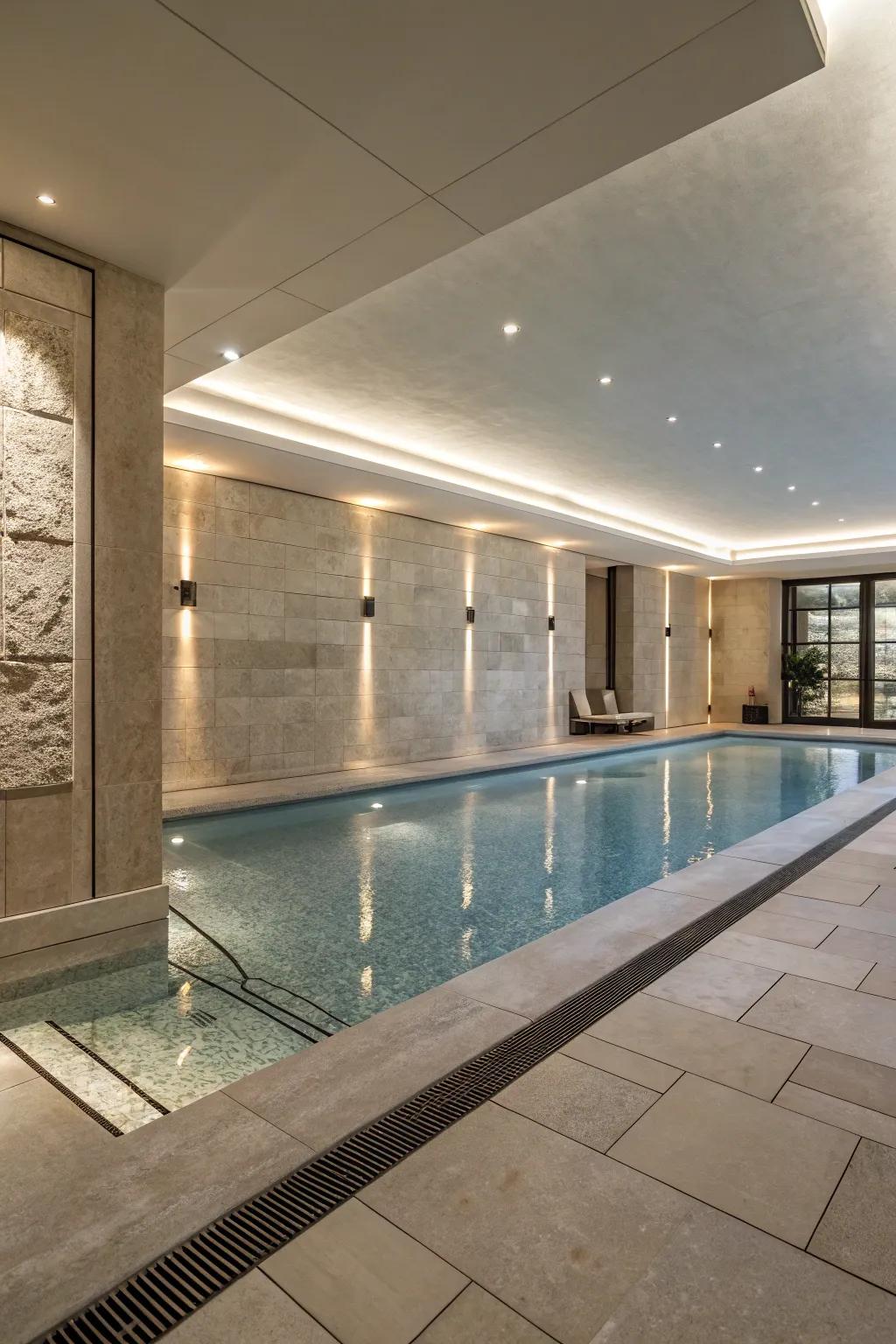 An elegant indoor pool featuring smooth stone detailing