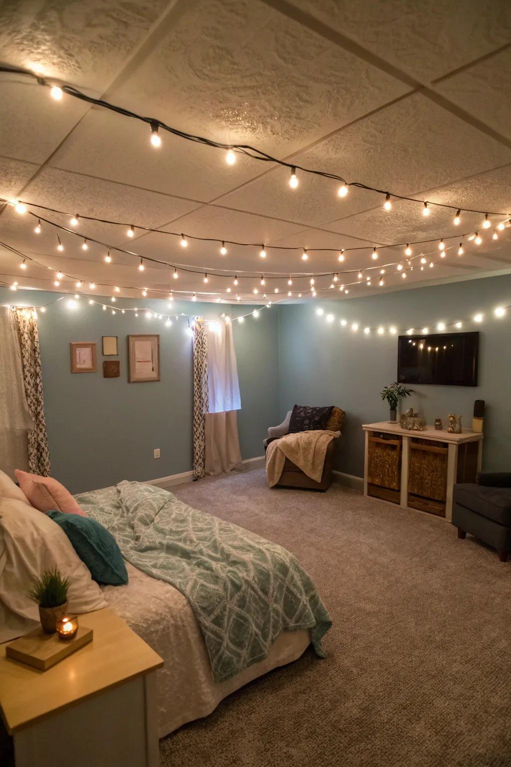 Strand lights add a cozy ambiance to your basement.