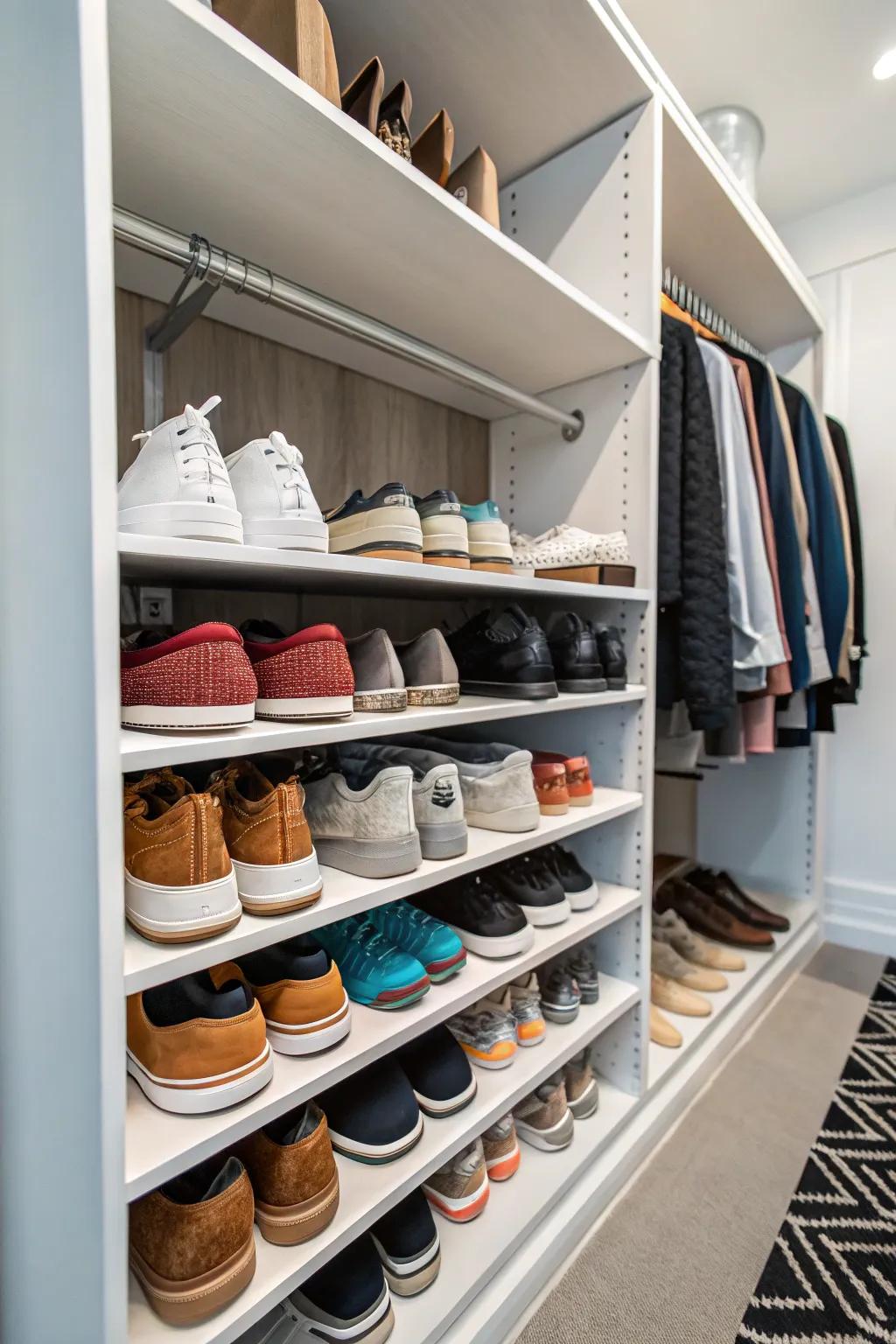 Organize your shoe collection using dedicated shoe storage solutions.
