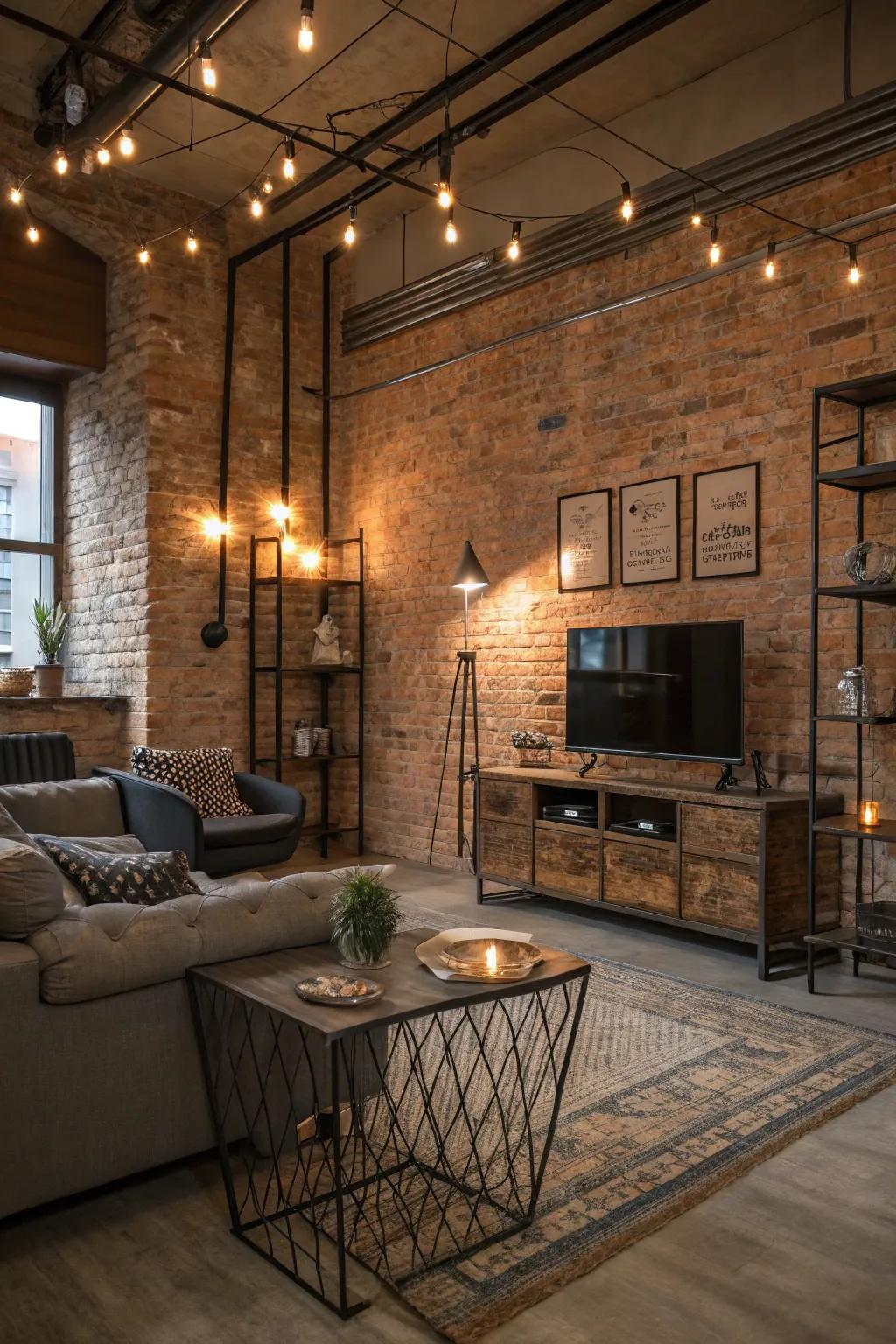 An industrial-style living room fusing brick walls with contemporary decor for a trendy, urban feel.
