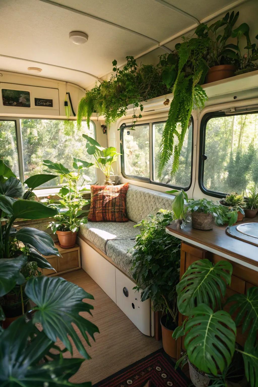 Natural elements such as flora and light elevate the RV’s ambiance.
