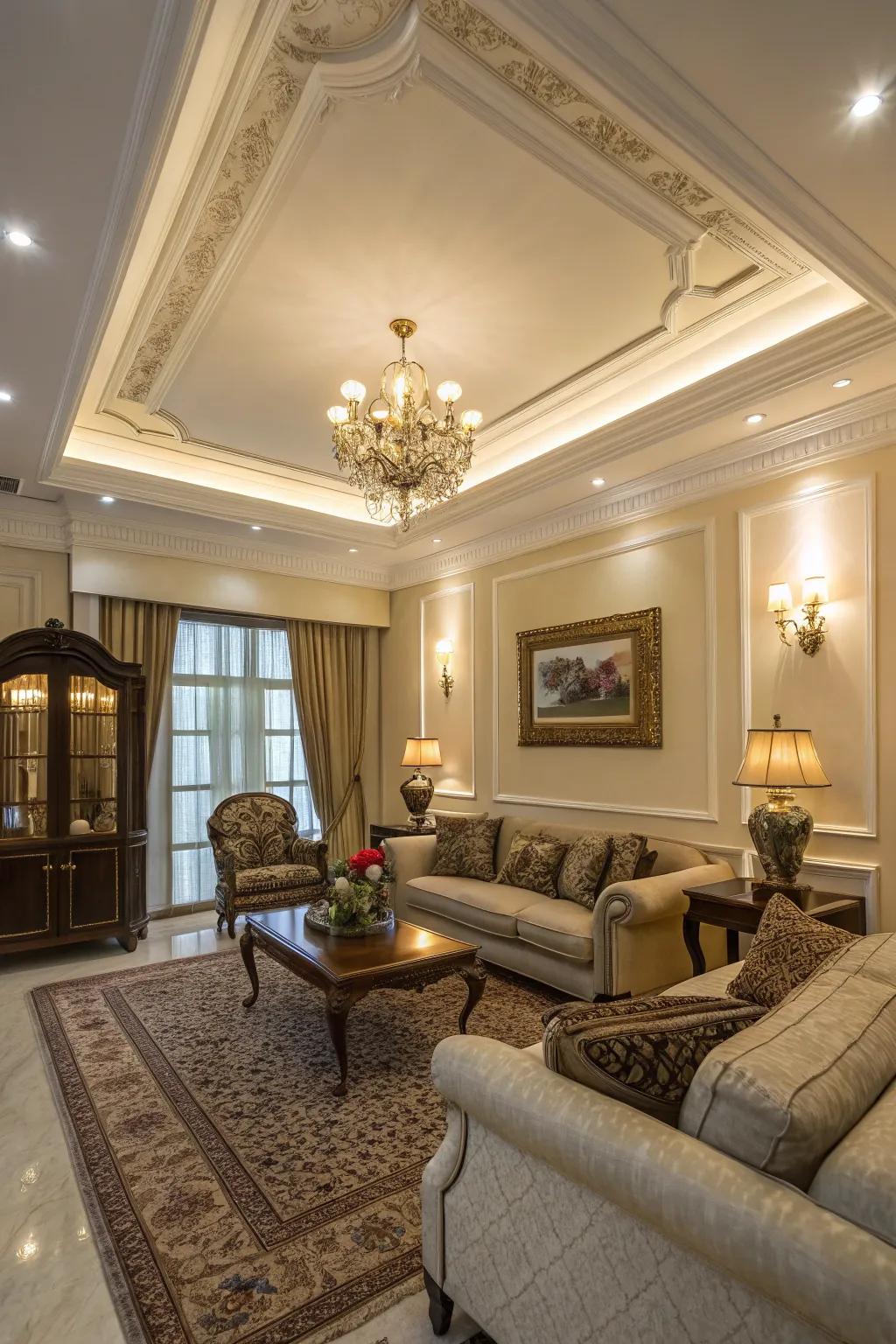 A lavish living space showcasing elegant crown molding.