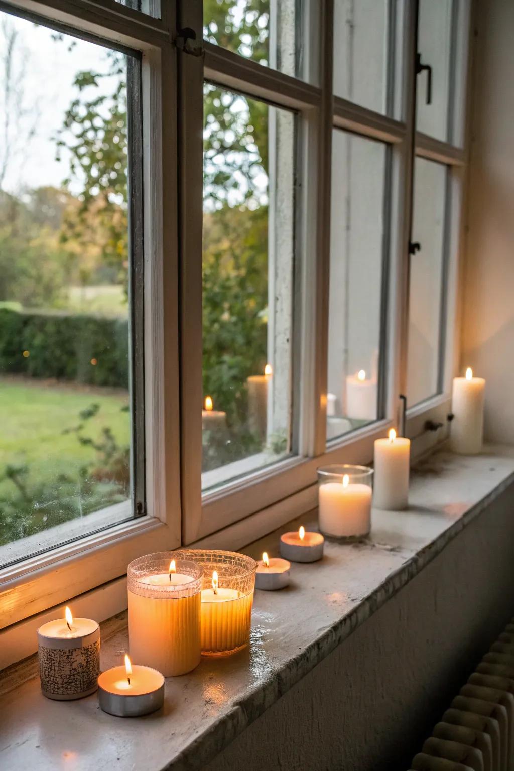Tapers exude an inviting, genial radiance on a magnificently styled window sill.