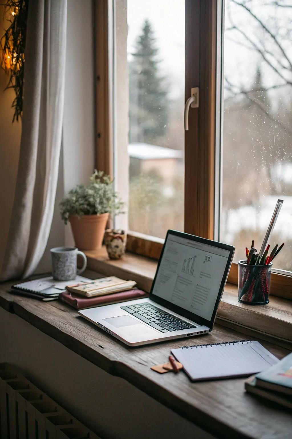 A window ledge imaginatively transmuted into a functional workspace.
