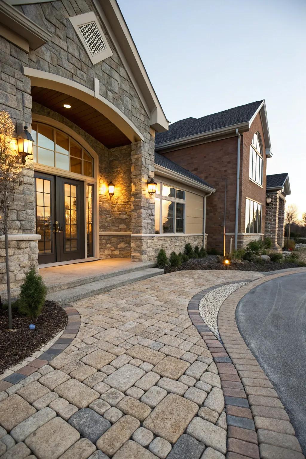 An enriched entrance featuring a blend of pavers and stonework.