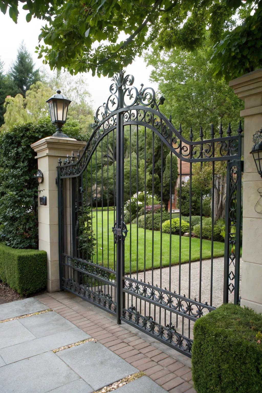A classic swinging iron gate opening to a welcoming home.